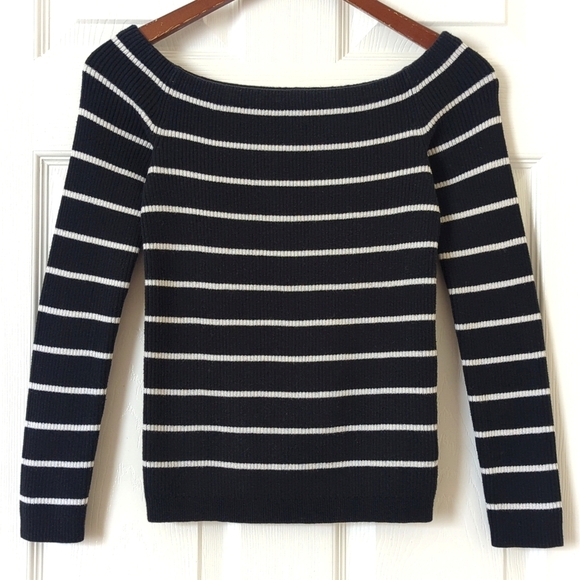 American Eagle Striped Ribbed Knit Form Fitting Off Shoulder Sweater Black White - Picture 1 of 10
